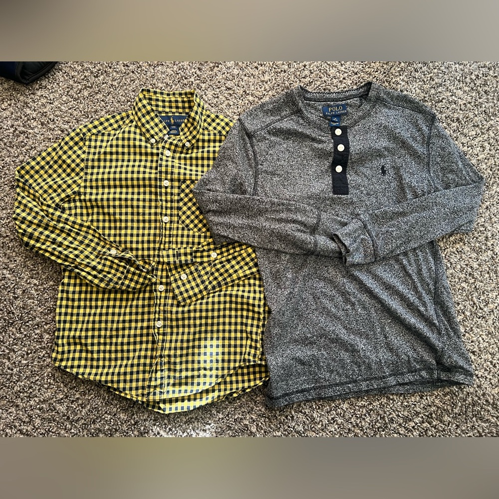 Ralph Lauren Boys' Yellow and Black Gingham Button-Down and gray Henley shirt